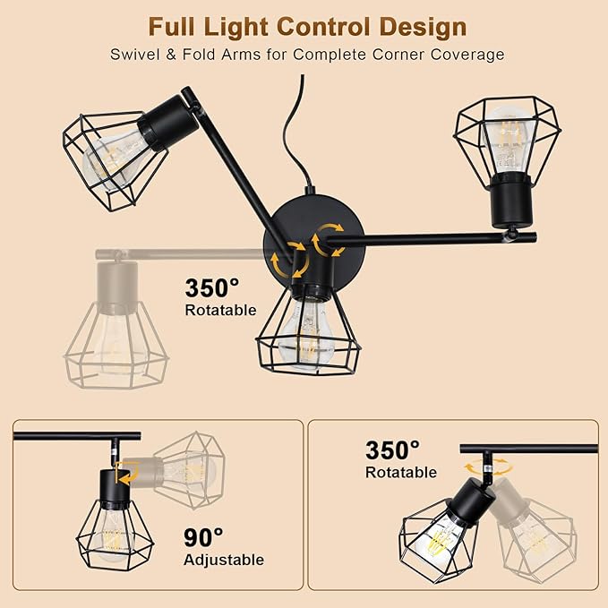 3-Light Plug-in Track Lighting with Rotatable Heads, Plug in Ceiling Light with 16.4ft Power Cord & Switch, LED Spotlight for Kitchen Cabinet Living Room Artwork, E26 Socket (Bulb Not Included)