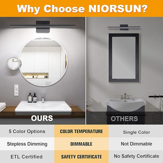 NIORSUN 31.5 inch Black Bathroom Vanity Light,18W 5CCT Dimmable LED Bathroom Lighting Fixtures Over Mirror, Modern Vanity Lights for Bathrooms Restroom Mirror- ETL Certified