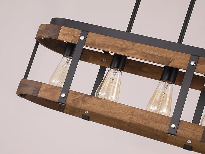 Rustic Farmhouse Wood Kitchen Island Lighting, 4 Lights Rectangular Pendant Light Fixture, Adjustable Rods Oak Wood and Metal Linear Chandelier for Kitchen Island Farmhouse Dining Room, Black