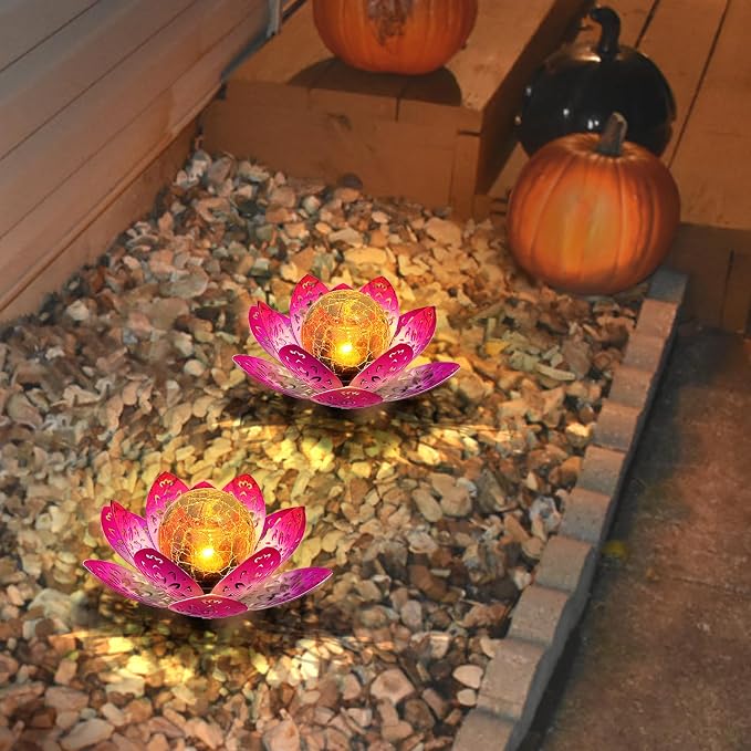 2 Pack Solar Garden Decor Lights Outdoor, Decorative Lotus Flower Solar Lights with Crackle Glass Globe, Waterproof Metal Solar Lights for Patio Yard Lawn Walkway Garden Decor