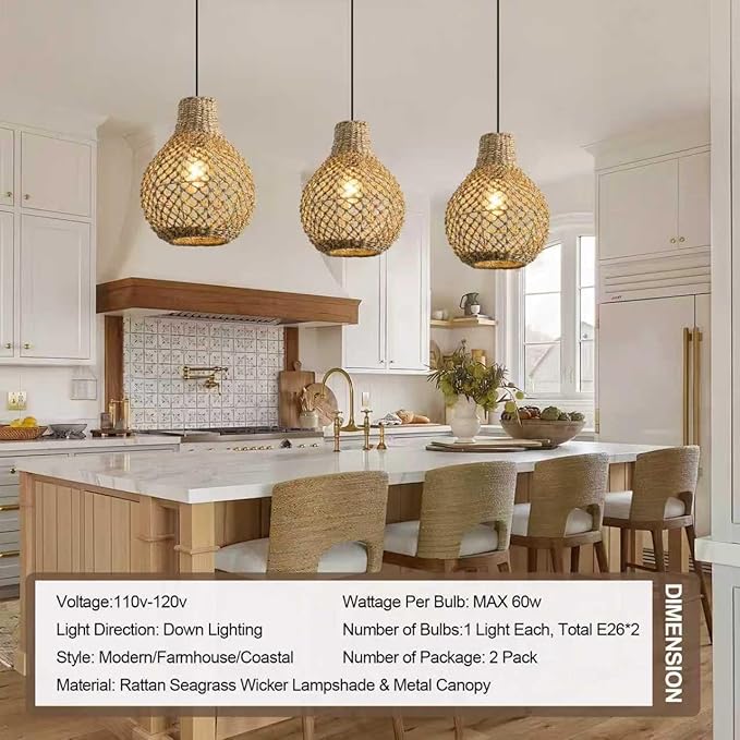 2-Pack Rattan Pendant Light,11.03" Boho Hand Woven Coastal Brown Wicker Hanging Lighting for Farmhouse Dining Room Kitchen Bedroom Hallway
