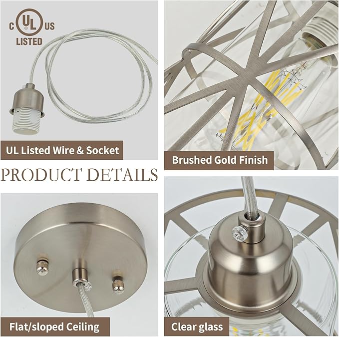 Pendant Lights Kitchen Island with Clear Glass, Brushed Nickel Pendant Lights, Cylindrical Modern Kitchen Light Fixtures, Pendant Light Over Island, Foyer, Dining Room, Entryway