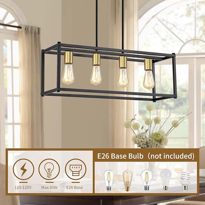 Yusist 4-Light Dining Room Light Fixture,Black Farmhouse Kitchen Island Lighting,Rustic Pendant Light Over Table with Adjustable Rods,Modern Linear Chandeliers for Dining Room Kitchen Island