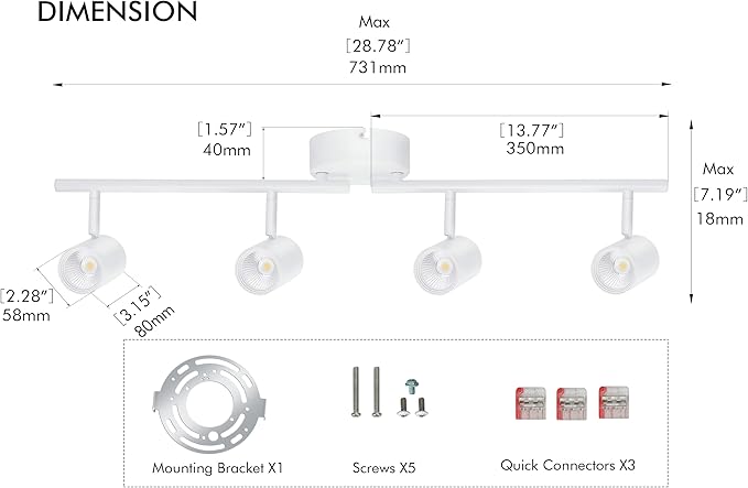 CLOUDY BAY 3 Color LED Dimmable 4-Head Track Lighting Kit,3000K/4000K/5000K Selectable 30W 2400lm CRI90,Adjustable Light Head Fixture for Accent Decorative Lighting,White