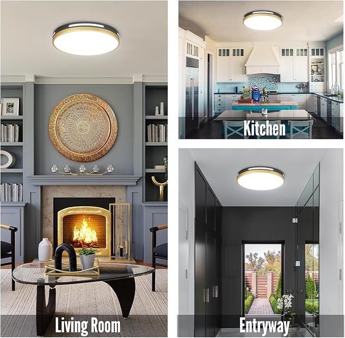 2Pack LED Flush Mount Ceiling Light Fixture, 15” 36W Dimmable Kitchen Lighting Fixtures Ceiling, Black and Gold Modern Light Fixtures Ceiling Mount for Bedroom, Bathroom, Living Room