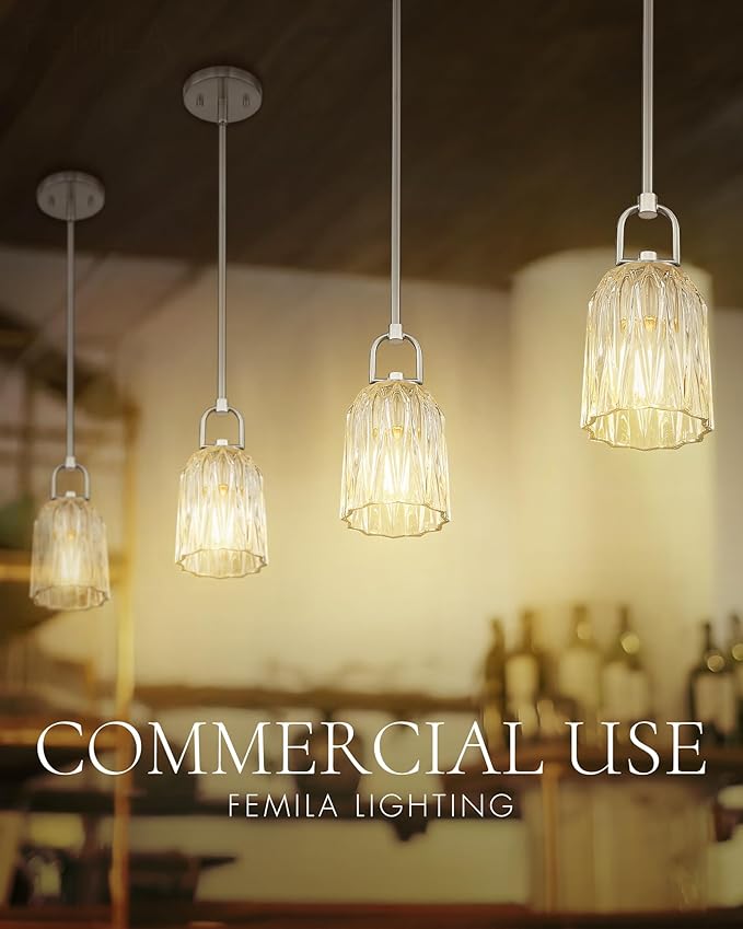 FEMILA Brushed Nickel Pendant Light Fixtures, Glass Pendant Light Modern Pendant Lighting for Kitchen Bedroom Hotel, E26 Base, 4FH83MIL BN