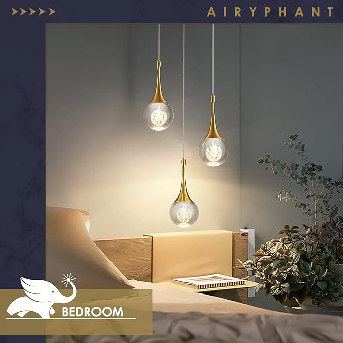 3 Light Gold Pendant Lighting, 15W Modern Dimmable LED Teardrop Crystal Chandelier Cluster Pendant Light for Kitchen Island Dining Room Hallway Bathroom 3000k Warm White