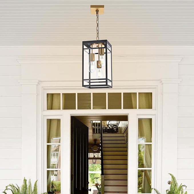 Large Outdoor Pendant Light Fixture for Porch, Black Brass Outdoor Hanging Lantern Pendant Light with Clear Glass, 3 Lights Exterior Porch Chandelier for Outside Patio,Front Door,Enterway