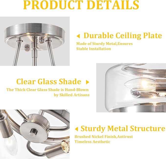 Brushed Nickel Modern Ceiling Lights 3-Light Hallway Light Fixtures Semi Flush Mount Kitchen Ceiling Lighting Drum Glass Entryway Chandelier for Bathroom Foyer Laundry Dining Room Bedroom