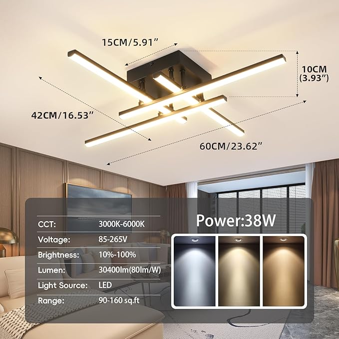 CANEOE Modern Ceiling Light Fixture Sputnik Dimmable Ceiling Light with Remote Control Black Flush Mount Chandelier Ceiling Lamp for Bedroom Living Room Kitchen