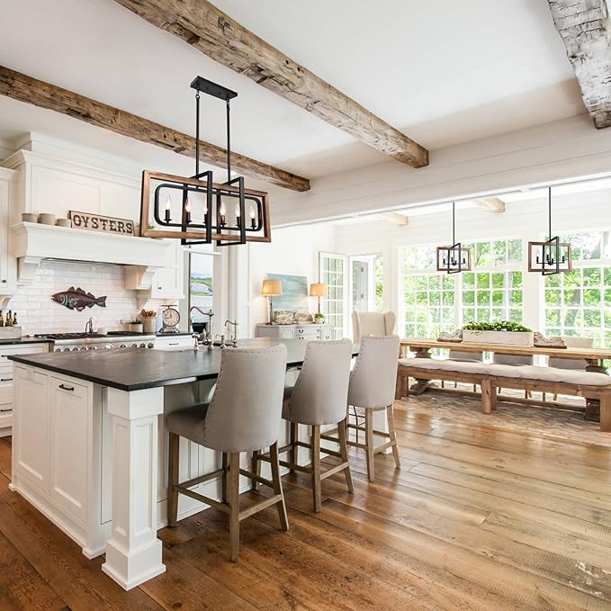 Farmhouse Chandelier Rustic Kitchen Island Light Fixture, Industrial Pendant Lighting Fixtures Wood and Metal for Dining Room Pool Table