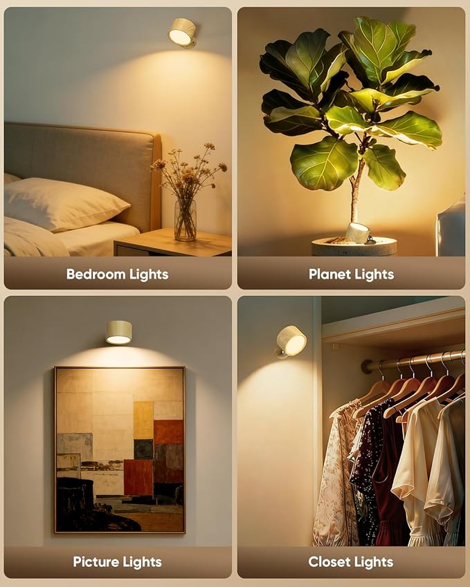 LED Wall Mounted Lights 2 Pcs with Remote, Rechargeable Wall Sconce with 3 Color Temps & Dimmable Magnetic 360° Rotation Cordless Light for Bedroom Reading Bedside (Wood, 2 Pack)