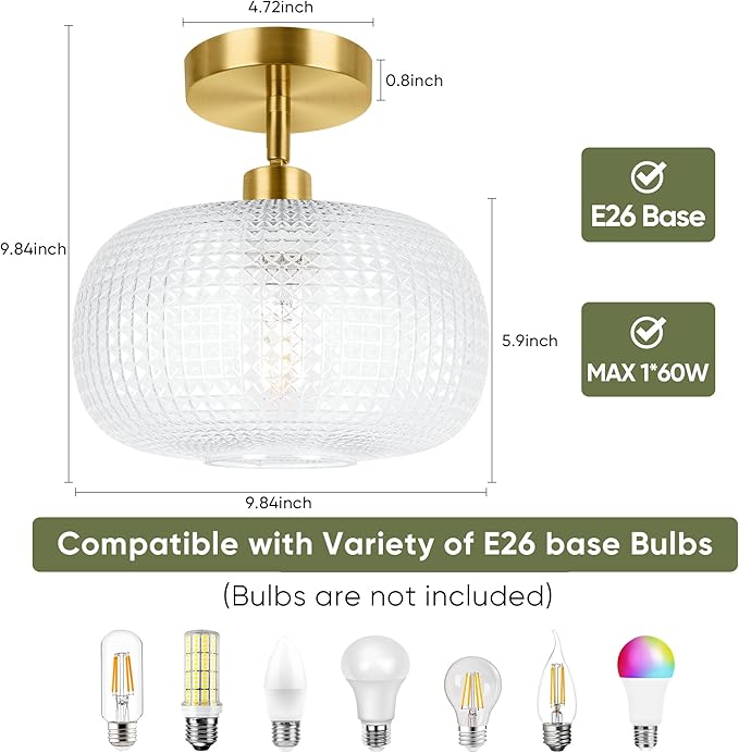ROTTOGOON Semi Flush Mount Ceiling Light, Adjustable Hanging Gold Sloped Ceiling Lights with Clear Glass Shade Modern Hallway Light Fixtures for Kitchen Bathroom Entryway Bedroom (Bulb Not Included)