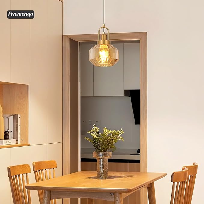 9in Mid Century Modern Amber Glass Pendant Light Fixture, Small Gold Kitchen Island Pendants Light Glass Ceiling Hanging Lamp for Foyer Dining Room Bedroom Entryway Hallway Over Sink