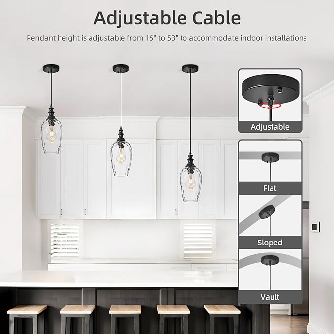 Glass Pendant Lights Kitchen Island Hanging Lighting Fixtures, Transparent Water Ripple Glass Lamp Shade Farmhouse Pendant Light Fixtures, Black Pendant Light for Kitchen, Sink, Dining Room