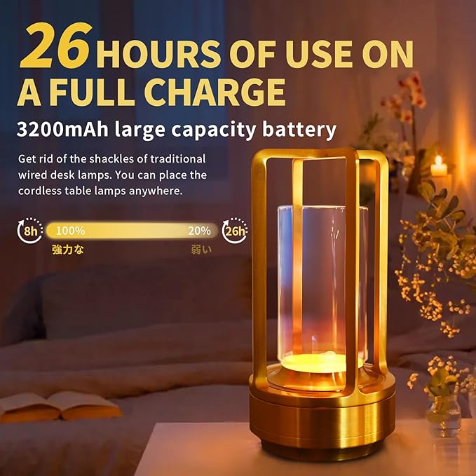 2 Pack Crystal Lantern lamp with Touch Dimming, Rechargeable LED Table Lamp, 3-Color Adjustable Brightness, 4200mAh Battery Powered Desk Light for Bedroom, Restaurant, Outdoor