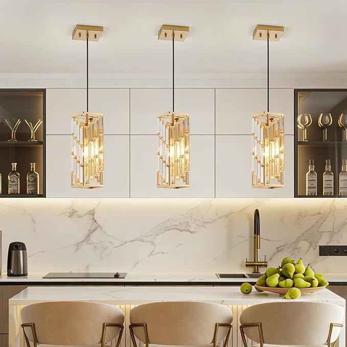Gold Pendant Lights Kitchen Island, Adjustable Modern Pendant Light Fixtures 1 Pack, Mini Crystal Chandeliers for Dining Room Bedroom Foyer Hallway