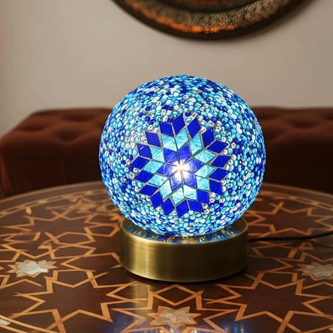 Baquler Turkish Mosaic Lamp Kit DIY Stained Glass Decorative Table Bedside Night Light Tabletop Bohemian Moroccan Lamp Craft Kit for Living Room Decorations (Blue)