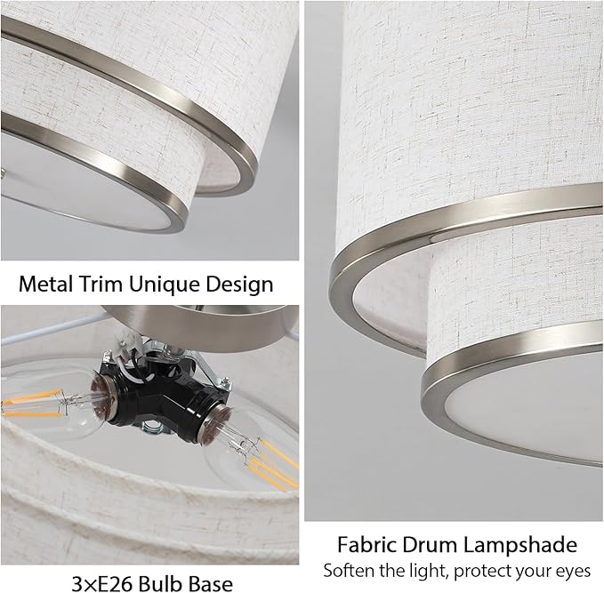 Luupyia 15.75 Inches Fabric Drum Ceiling Light, 3-Lights White Simple Semi Flush Mount Ceiling Lights with Double Fabric Shade, Drum Overhead Lighting for Bedroom Hallway Living Room E26, 60W