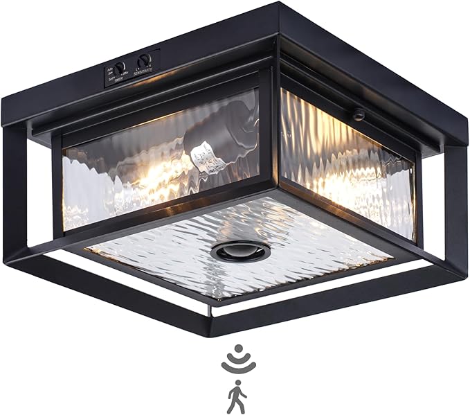 CALOKES Motion Sensor Outdoor Ceiling Light - Industrial Style, Flush Mount, Dual Box Frame with Water Ripple Glass Design - Perfect for Porch, Garage, and Entryway, Time and Sensitivity Adjustable