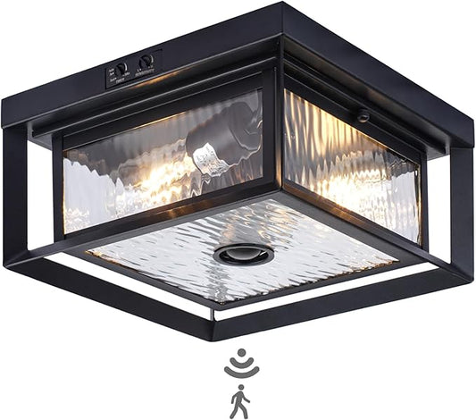 CALOKES Motion Sensor Outdoor Ceiling Light - Industrial Style, Flush Mount, Dual Box Frame with Water Ripple Glass Design - Perfect for Porch, Garage, and Entryway, Time and Sensitivity Adjustable