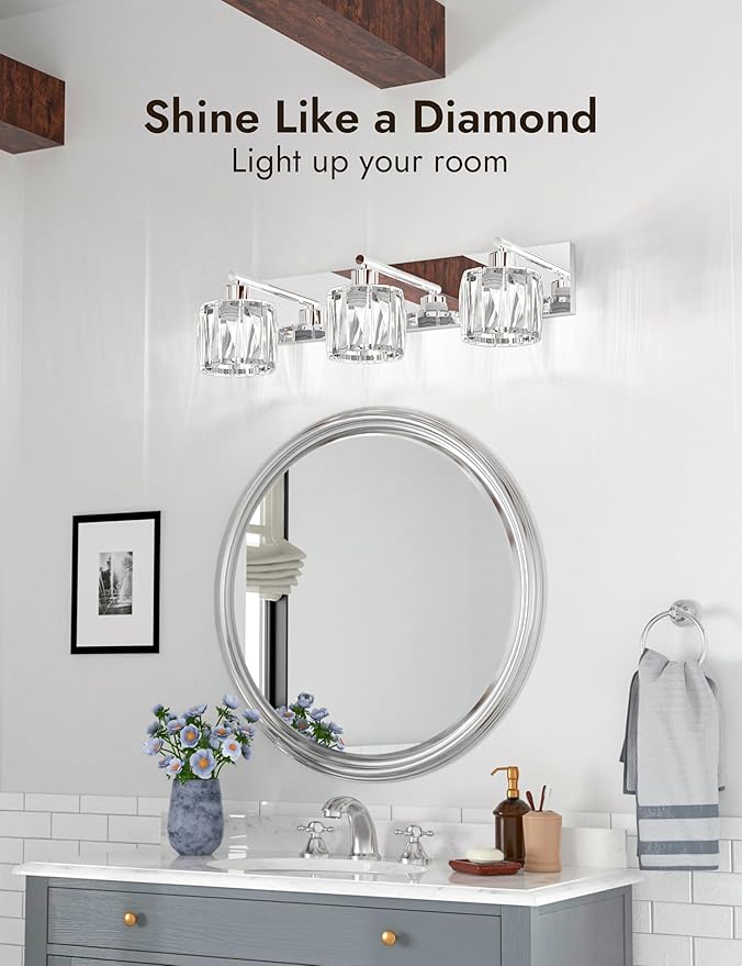 VOLISUN Crystal Vanity Lights for Bathroom, 3 Light Modern Stainless Steel Chrome Bathroom Vanity Light Fixture Over Mirror - UL Certificated (Bulb Not Included)