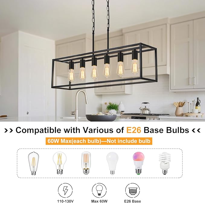 Boncoo 6 Light Black Chandeliers for Dining Room, Adjustable Height Linear Chandelier Kitchen Light Fixture, Modern Farmhouse Chandelier Rectangle Island Light for Kitchen Hanging Light Fixtures