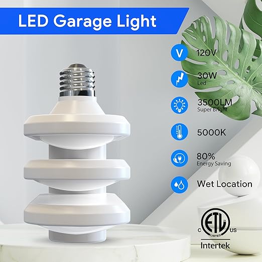 Energetic LED Garage Ceiling Light-E26 Screw in Ceiling Light Socket-3 Deformable Panels-5000K Daylight-30W-Basement-Shop-Workshop-Warehouse-Barn-ETL-White-1 Pack