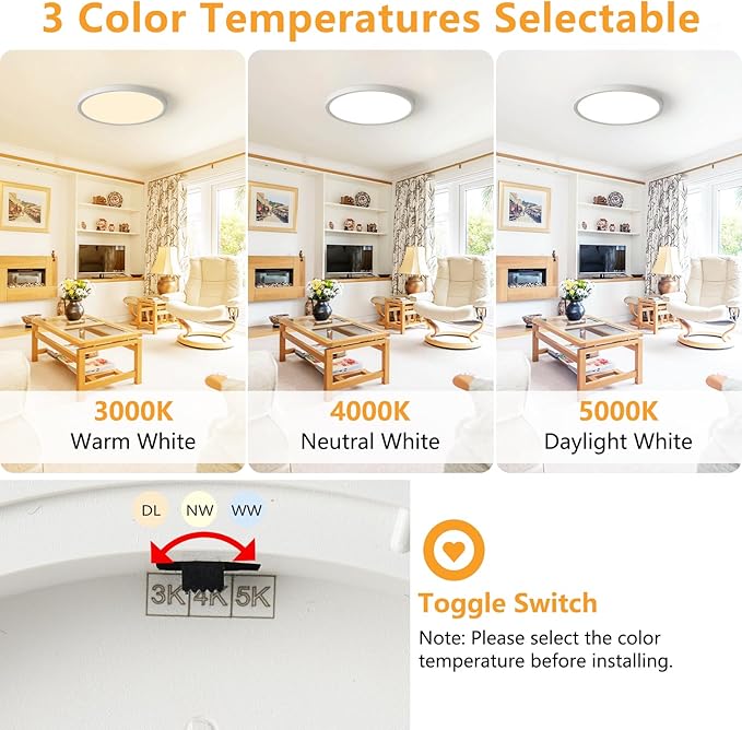 2Pack 12 Inch 2400LM LED Flush Mount Ceiling Light with Night Light, 24W Dimmable & 3000K/4000K/5000K 3CCT Selectable, Slim Round Light Fixtures for Bedroom, Black