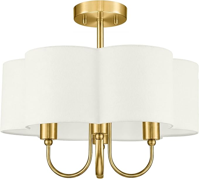 Gold Semi Flush Mount Ceiling Light, 18" 4-Light Light Fixtures Ceiling Mount with Beige Petal Fabric Shade for Kitchen Nursery Entryway Hallway Bedroom, E26 Base, SM179-BG-B-6