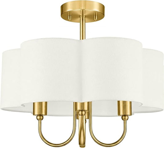 Gold Semi Flush Mount Ceiling Light, 18" 4-Light Light Fixtures Ceiling Mount with Beige Petal Fabric Shade for Kitchen Nursery Entryway Hallway Bedroom, E26 Base, SM179-BG-B-6