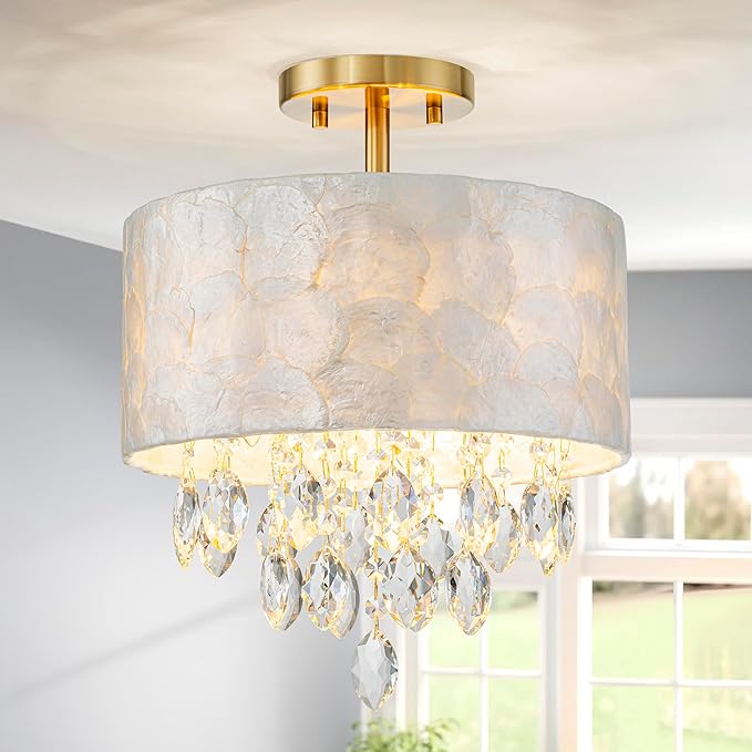 3-Light Capiz Shell Crystal Drum Ceiling Light, Coastal Style Close to Ceiling Light Fixture for Dining Room, Living Room & Bedroom, D12*H14 inch, Clear Crystal & Gold Finish