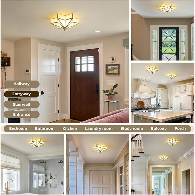 Star Brass Vintage Ceiling Light - 12.2 in Small Milk Glass Antique Brushed Gold Flush Mount Fixture, Mid Century Art Deco Overhead Lighting for Kitchen Hallway Bedroom Bathroom Laundry Entryway Hall