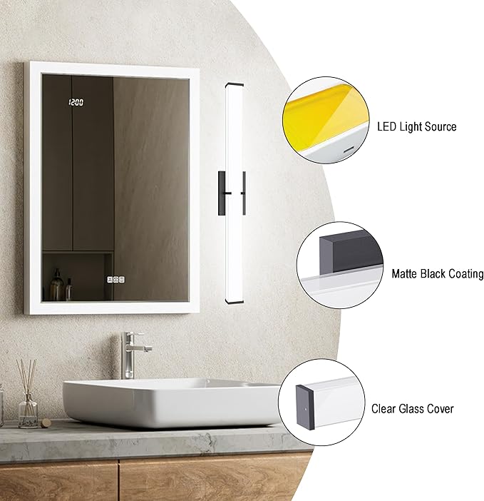 Bathroom Lighting Fixtures Over Mirror: ETL Certified 24 Inch Black Modern LED Vanity Lights 5000K Cool White IP44 - Dimmable Vanity Light Bar 2500LM with Clear Shade - Bathroom Light Fixtures