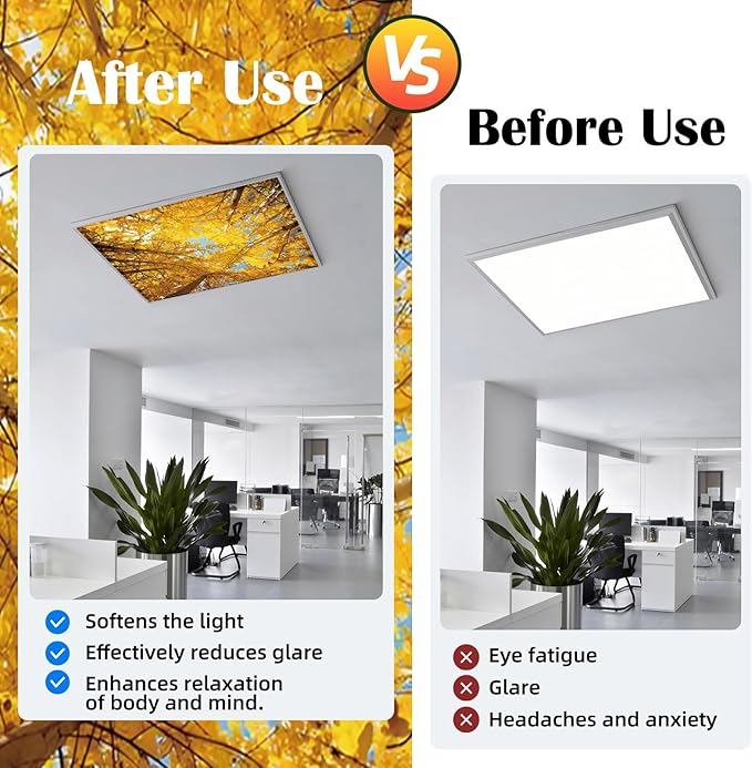 ANGSYLTH 2 x 2 Feet Fluorescent Light Covers - 4 Pcs Covers for Ceiling Lights, Magnetic Light Filters for Classroom, Office, Hospitals, Home (Autumn & Sunset)