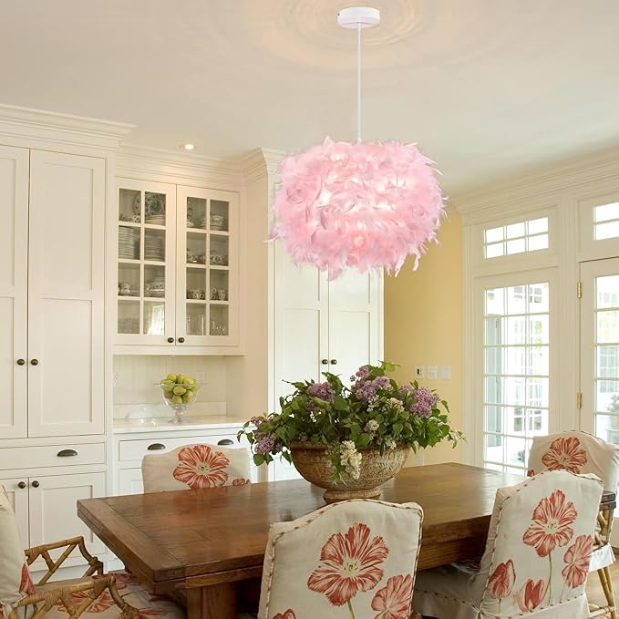 NZV 15.8in Pink Pendant Light Fixture Pink Feather Chandelier for Bedroom Feathers Lights Fixture Girls Room Romantic Hanging Ceiling Lighting for Kitchen Island Dining Room Foyer Hallway