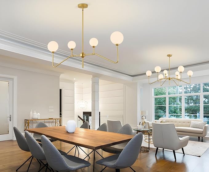 Modern Linear Chandelier for Dining Room,Glass Globe Kitchen Island Light, Mid-Century Sputnik Ceiling Light Fixture with Brushed Gold Finish & Milk Glass Shades, Adjustable Rod Hanging Lighting