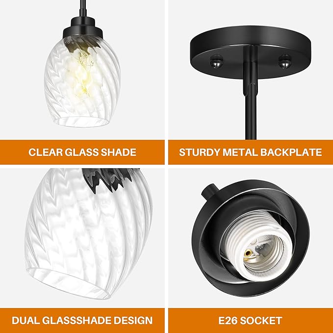 Glass Pendant Lights Kitchen Island,Twisted Clear Glass Treatment Pendant Light,Modern Hanging Light for Kitchen Sink Dining Room Bedroom, E26 (Black, 1pack)