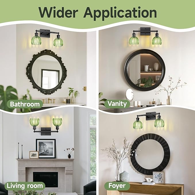 Bathroom Light Fixture,2-Light Vintage Bathroom Sconces Over Mirror, Black Fancy Vanity Lights, Flower Light Fixture with Green Tulip Glass Shade for Bedroom, Living Room, E26 Base