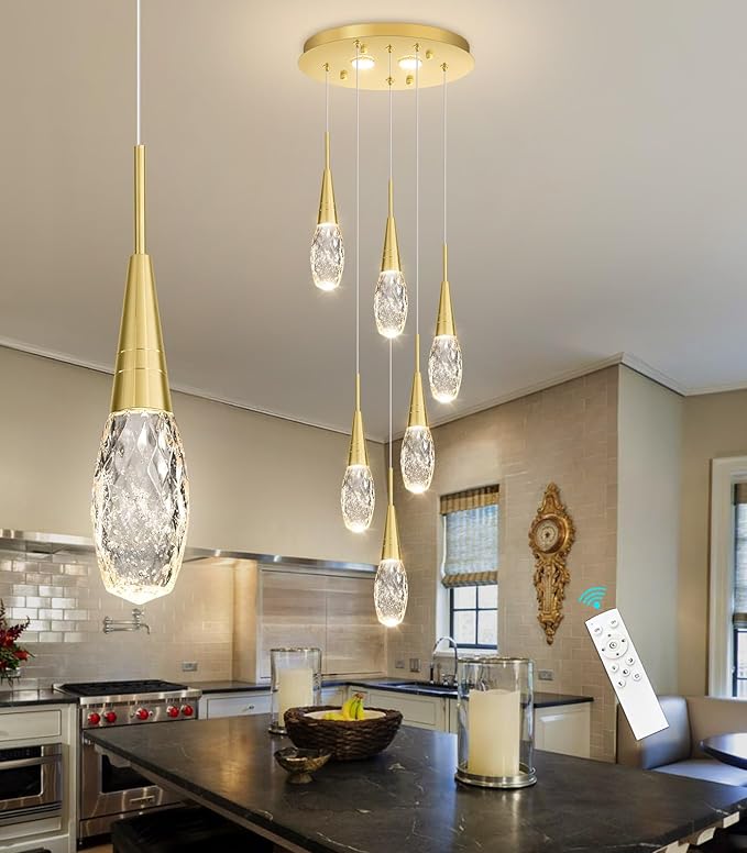 6-Lights Adjustable Pendant Lights for Kitchen Island LED Dimmable Light Fixture Modern Glam Crystal Hanging Lighting for Dining Room Bedroom Antique Gold