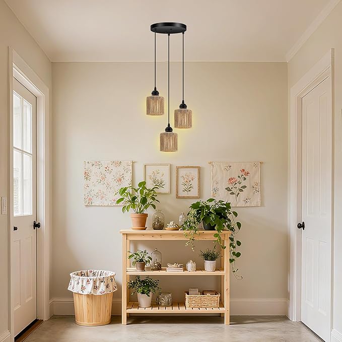 BoostArea 3-Light Rattan Pendant Lights Kitchen Island, Farmhouse Chandelier with Handwoven Wicker Shade, Adjustable Height Boho Hanging Light for Kitchen Island/Dining Room/Bedroom/Hallway, No Bulb