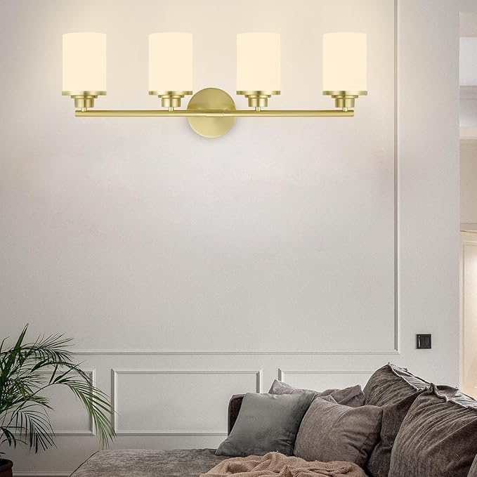 Modern 4-Light Vanity Light Fixtures with Frosted Glass, Brushed Gold Bathroom Sconces Over Mirror