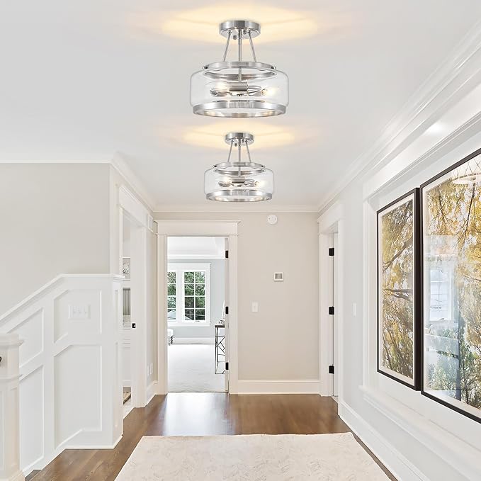 Brushed Nickel Modern Ceiling Lights 3-Light Hallway Light Fixtures Semi Flush Mount Kitchen Ceiling Lighting Drum Glass Entryway Chandelier for Bathroom Foyer Laundry Dining Room Bedroom