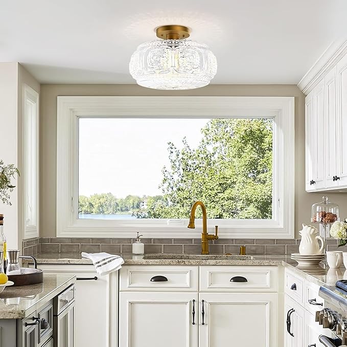 Semi Flush Mount Ceiling Light, Upgraded 12 inch Larger Gold Glass Ceiling Light Fixture, Vintage Lighting for Hallway Kitchen Bedroom Dining Room, Bulb Not Included
