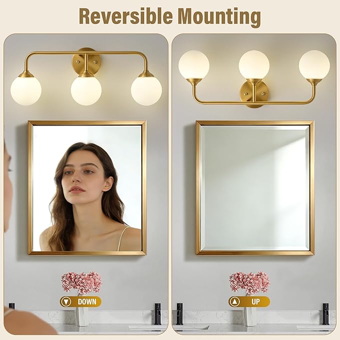Bathroom Light Fixtures - 3 Light Brushed Brass Vanity Light Over Mirror for Bathroom Mirror Living Room Bedroom, Gold Bathroom Wall Sconce with Frosted Glass Shade, 3 G9 Bulbs Included
