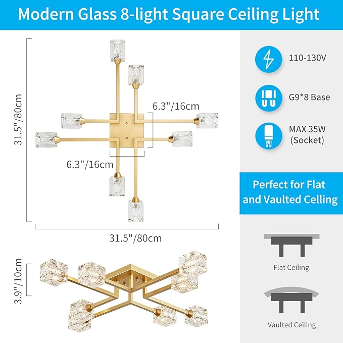 XINGQI Modern Ceiling Light 8 Lights Industry Semi Flush Mount Ceiling Light Fixture, Antique Gold Sputnik Chandeliers Mid Century for Bedroom, Dining Room, Farmhouse Kitchen, Office