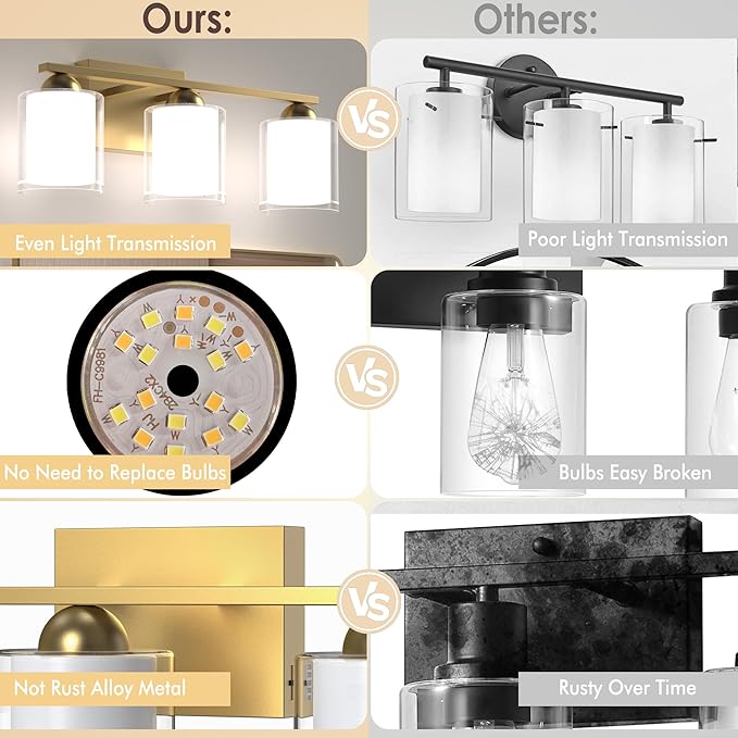 Quntis Gold Bathroom Light Fixtures, 3 Light Modern Vanity Lights Over Mirror, 5 Colors & Stepless Dimmable LED Bathroom Lighting with Milk White Frosted Glass, 16 Inch (Bulbs Included)