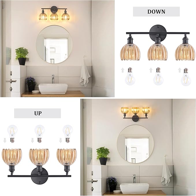 Shenmoyl Bathroom Light Fixtures, 3-Light Black Vanity wall Light Over Mirror with Amber Tulip Glass Shade for Bedroom Living Room (Bulb Not Included)