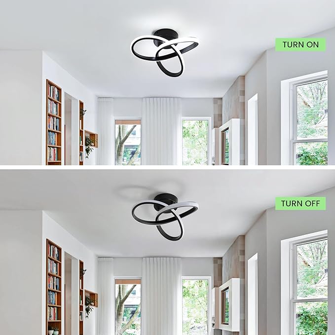 Goeco LED Ceiling Lights, 9.8'' Hallway Modern Spiral Design Flush Mount Ceiling Light, 6000K Blalck Ceiling Light Fixture for Bedroom, Kitchen, Living Room, Office, Stair
