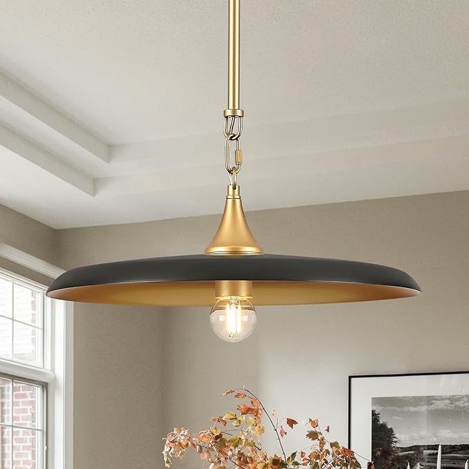 Black Pendant Light 15.7in Pendant Lights Modern Kitchen Island Pendant Light Fixture with Adjustable Black Gold Industrial Pendant Lighting for Dining Room Kitchen Sink, E26